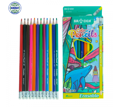 Цветные карандаши "Braden" со стёркой, 12 цветов,  8053