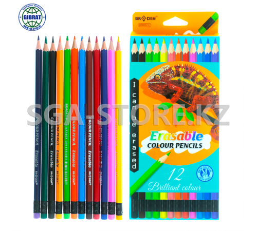 Цветные карандаши "Braden" со стёркой, 12 цветов,  8052